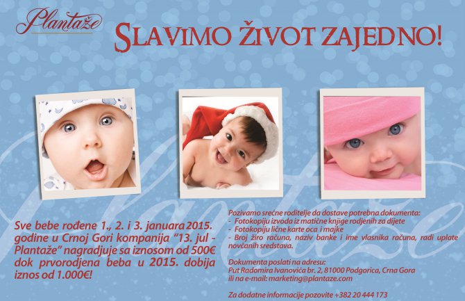 „Plantaže“ daruju bebe rodjene 1., 2. i 3. januara