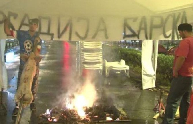Ispred Skupštine demonstranti pekli prase (FOTO)