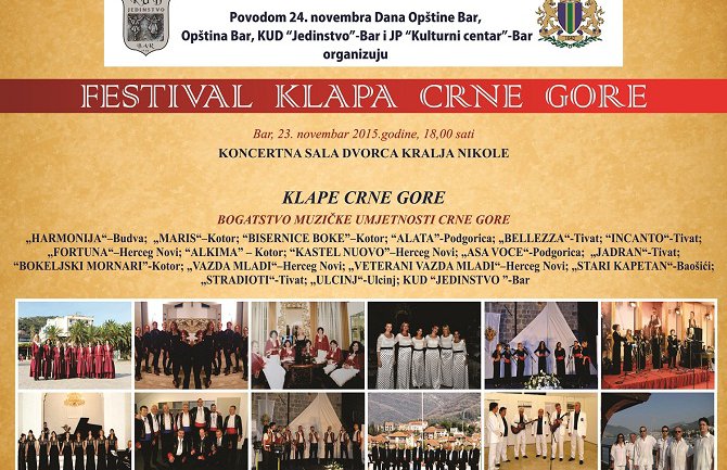 Festival klapa Crne Gore 24. novembra u Baru