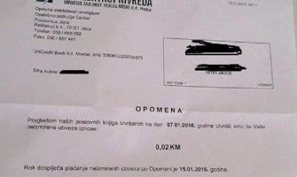 BiH: Opomena zbog duga od 1 centa