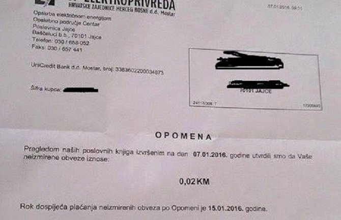 BiH: Opomena zbog duga od 1 centa