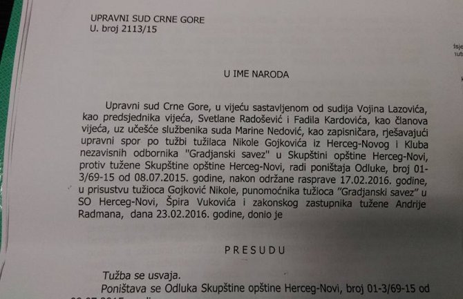 Gojković vraćen na mjesto predsjednika opštine Herceg Novi