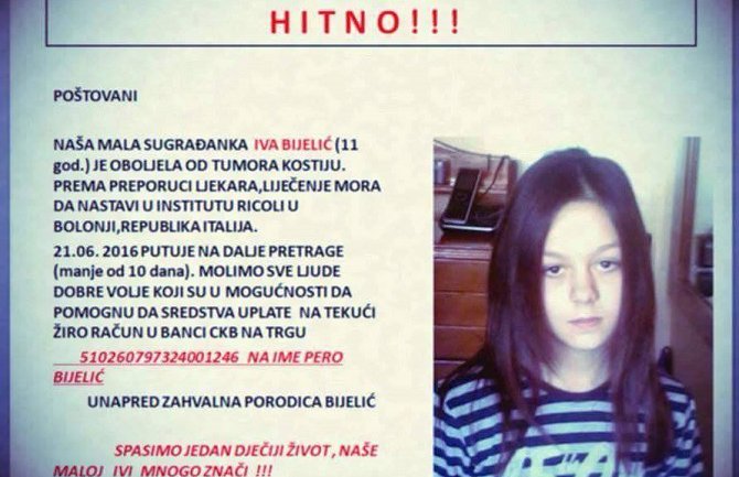Jedanaestogodišnjoj Ivi iz Herceg Novog hitno potreban novac za operaciju u Bolonji