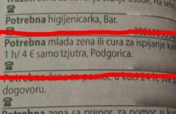 Podgorica:  Potrebna djevojka za ispijanje kafe