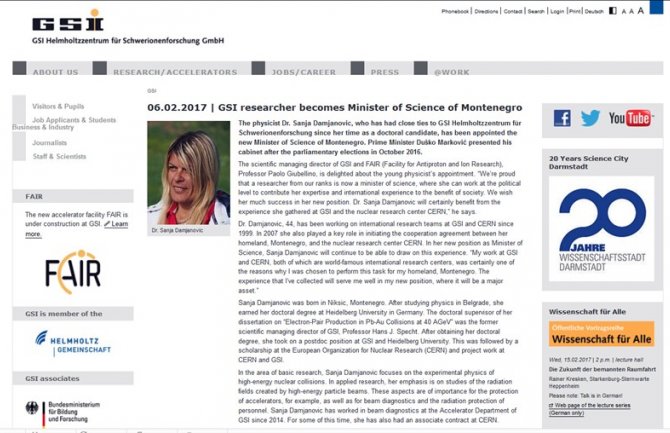 GSI Helmholtz institut iz Njemačke objavio članak o ministarki Sanji Damjanović