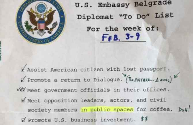 Zadaci američkih diplomata u Srbiji: Ispijanje kafe sa opozicijom, kupovina ajvara...