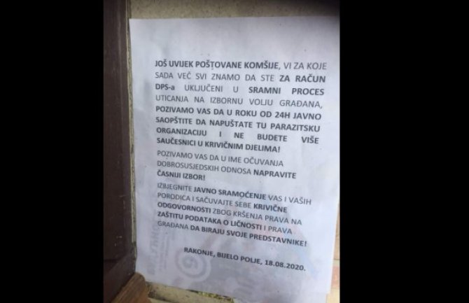BP: U pismu postavili ultimatum komšijama da u roku od 24 sata napuste DPS