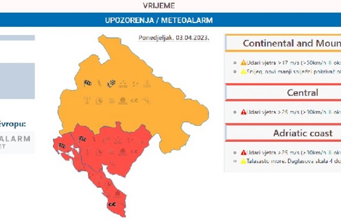 Jak sjeverni vjetar, na snazi narandžasti i crveni meteoalarm