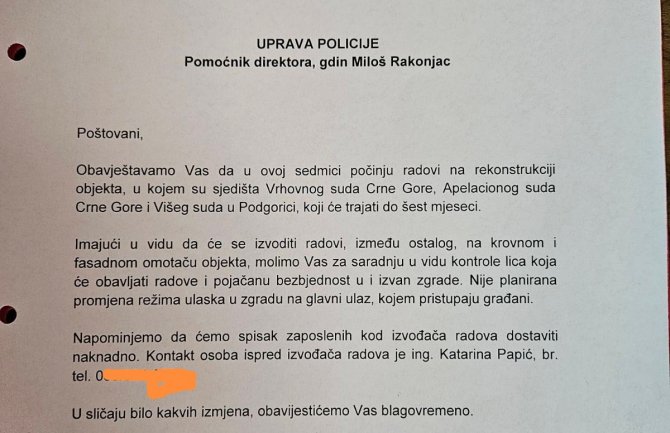 Vučković još u julu od Rakonjca tražila pojačanu bezbjednost za zgradu Suda