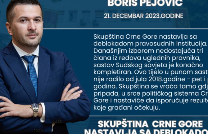 Pejović: Skupština Crne Gore nastavlja sa deblokadom pravosudnih institucija